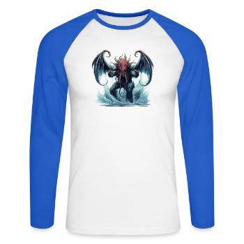 Cthulhu Kosmischer Horror Fantasy Motiv - Unisex Baseballshirt langarm - Weiß/Royalblau - Vorne - Nik (191cm)