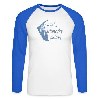 Glück schmeckt salzig – Amrum Nordsee Insel Design - Unisex Baseballshirt langarm - Weiß/Royalblau - Vorne - Nik (191cm)