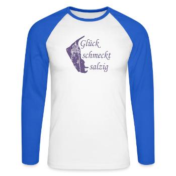 Glück schmeckt salzig – Amrum Nordsee Insel Design - Unisex Baseballshirt langarm - Weiß/Royalblau - Vorne - Nik (191cm)