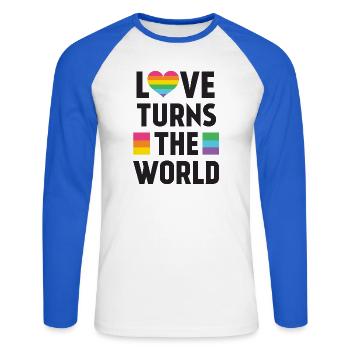 Pride Month LGBT - Liebe dreht die Welt - Unisex Baseballshirt langarm - Weiß/Royalblau - Vorne - Nik (191cm)