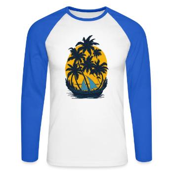 Sunset on the palm boat - Unisex Long Sleeve Baseball T-Shirt - white/royal blue - Front - Nik (191cm)