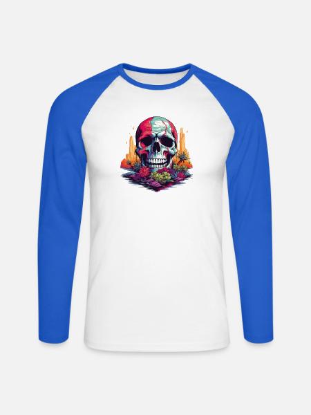 Bunter Totenkopf im Wüstenparadies - Unisex Baseballshirt langarm - Weiß/Royalblau