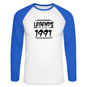 Legende 1991 - Jahrgang 1991 - Baujahr 1991 - Unisex Baseballshirt langarm - Weiß/Royalblau - Vorne - Nik (191cm)