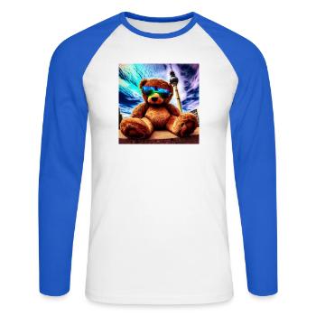 Teddy in Berlin II - Unisex Baseballshirt langarm - Weiß/Royalblau - Vorne - Nik (191cm)