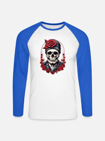 Skull with roses - Unisex Long Sleeve Baseball T-Shirt - white/royal blue