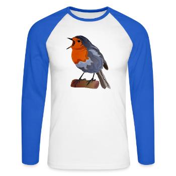 Illustration du merle sur textile - T-shirt baseball manches longues Homme - blanc/bleu royal - Devant - Nik (191cm)