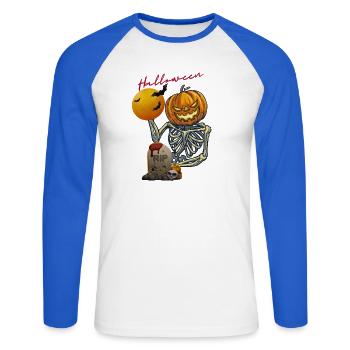 Kürbis Skelett Halloween Design - Unisex Baseballshirt langarm - Weiß/Royalblau - Vorne - Nik (191cm)