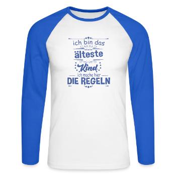 Ich bin das älteste Kind ich mache hier die Regeln - Unisex Baseballshirt langarm - Weiß/Royalblau - Vorne - Nik (191cm)