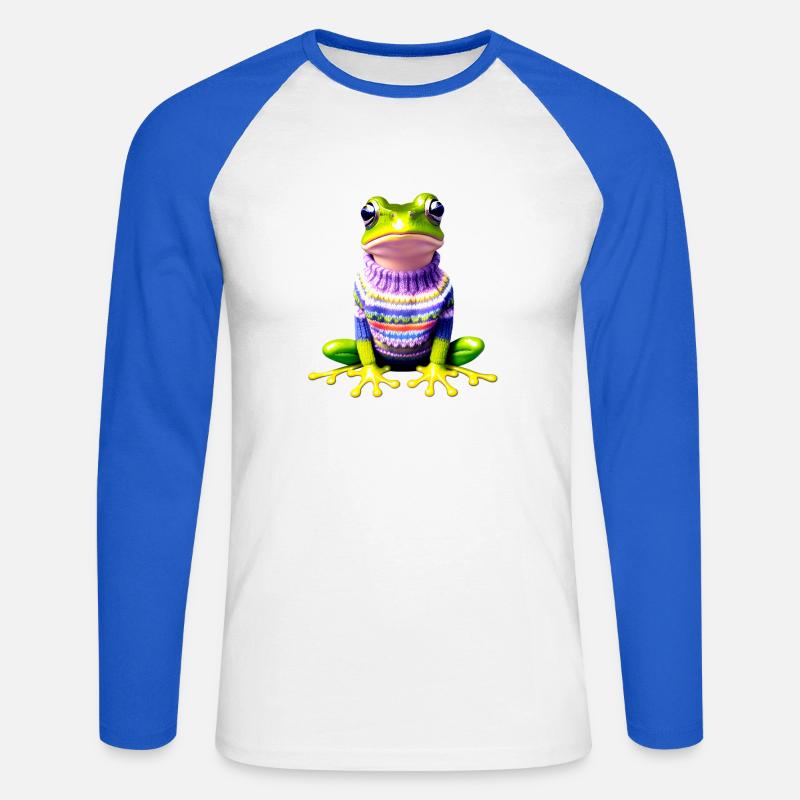 Kleiner Regenbogenfrosch mit Norweger-Pullover - Unisex Baseballshirt langarm - Weiß/Royalblau