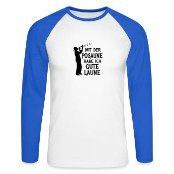 Gute Laune mit Posaune Klassik Bläser Jazz Musiker - Unisex Baseballshirt langarm - Weiß/Royalblau - Vorne - Nik (191cm)