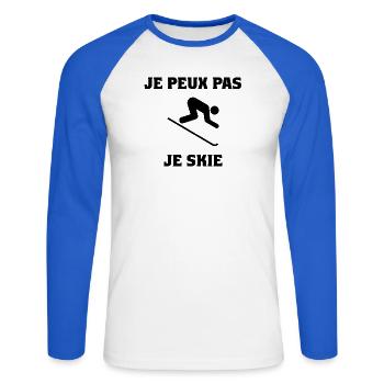 ICH KANN NICHT. SKI. SKI. SCHLÄGER. SCHNEE. SNOWBOARDEN - Unisex Baseballshirt langarm - Weiß/Royalblau - Vorne - Nik (191cm)