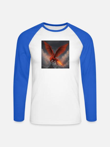 Roter Drache über Burg - Unisex Baseballshirt langarm - Weiß/Royalblau