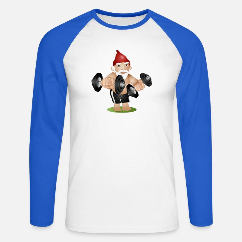Bodybuilder Gartenzwerg mit Hanteln beim Training - Unisex Baseballshirt langarm - Weiß/Royalblau