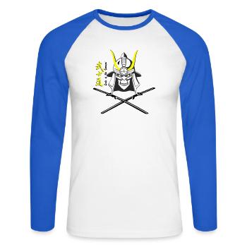 Samuraihelm Kabuto 5 - Unisex Baseballshirt langarm - Weiß/Royalblau - Vorne - Nik (191cm)