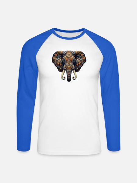 Im Mosaik-Stil verzierter Elefant - Unisex Baseballshirt langarm - Weiß/Royalblau