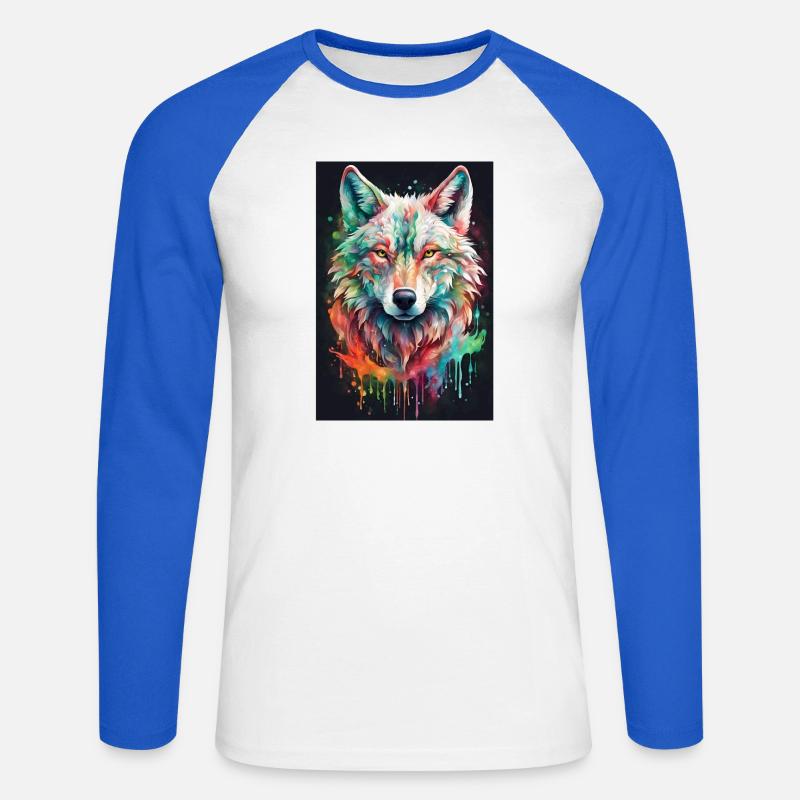 Bunter Wolfkopf Farbexplosion - Unisex Baseballshirt langarm - Weiß/Royalblau