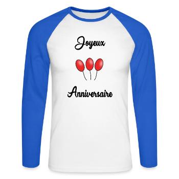 ALLES GUTE ZUM GEBURTSTAG. ALLES GUTE ZUM GEBURTSTAG. JAHRESTAG. - Unisex Baseballshirt langarm - Weiß/Royalblau - Vorne - Nik (191cm)