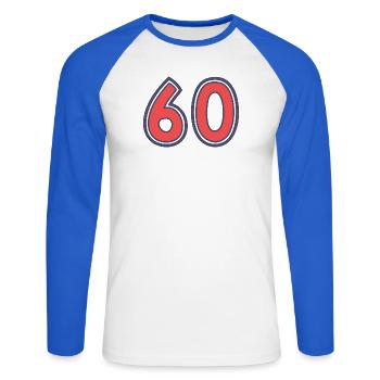 60. 60 YEARS. 60th ANNIVERSARY - Unisex Long Sleeve Baseball T-Shirt - white/royal blue - Front - Nik (191cm)
