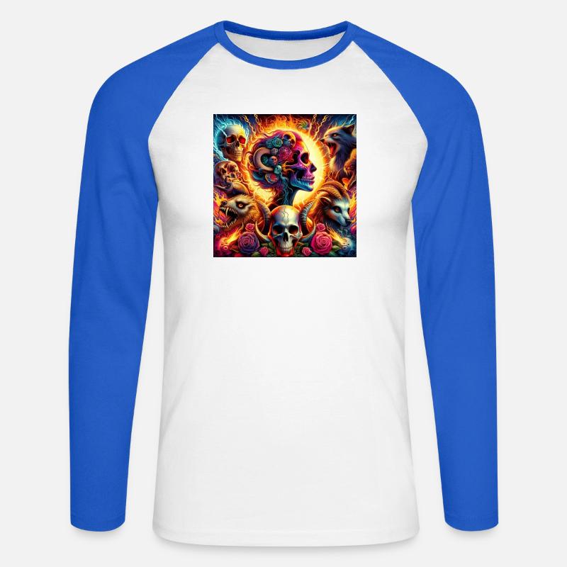 Lebendige Blumenschädel & Chlorole - Unisex Baseballshirt langarm - Weiß/Royalblau