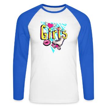 Mädchen Retro Roller Pop Art - Unisex Baseballshirt langarm - Weiß/Royalblau - Vorne - Nik (191cm)