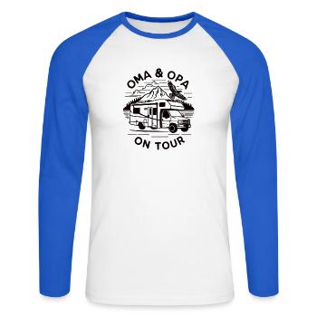 Oma und Opa on Tour Wohnmobil - Unisex Baseballshirt langarm - Weiß/Royalblau - Vorne - Nik (191cm)