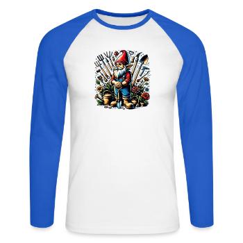 Colorful, living garden gnome surrounded by tools - Unisex Long Sleeve Baseball T-Shirt - white/royal blue - Front - Nik (191cm)