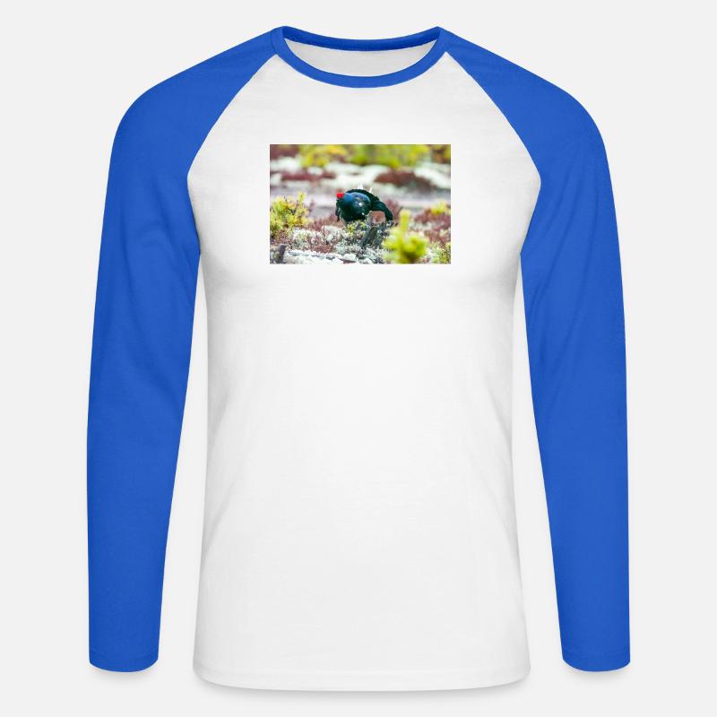 Birkhahn im Moos DSC 3331 - Unisex Baseballshirt langarm - Weiß/Royalblau