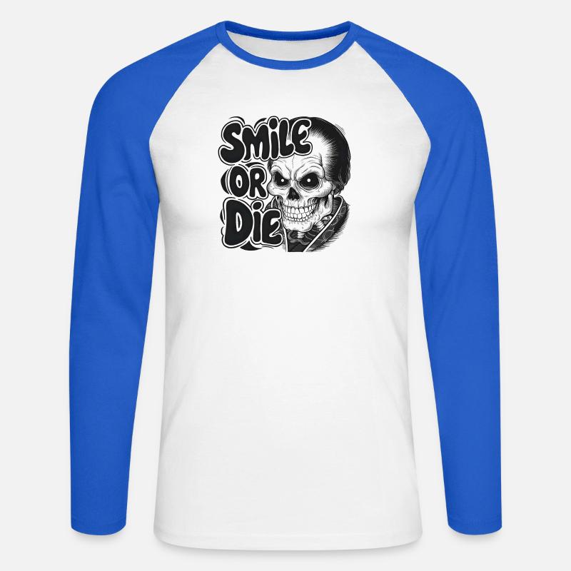 Vampirskelett mit Text Lächeln oder Sterben - Unisex Baseballshirt langarm - Weiß/Royalblau
