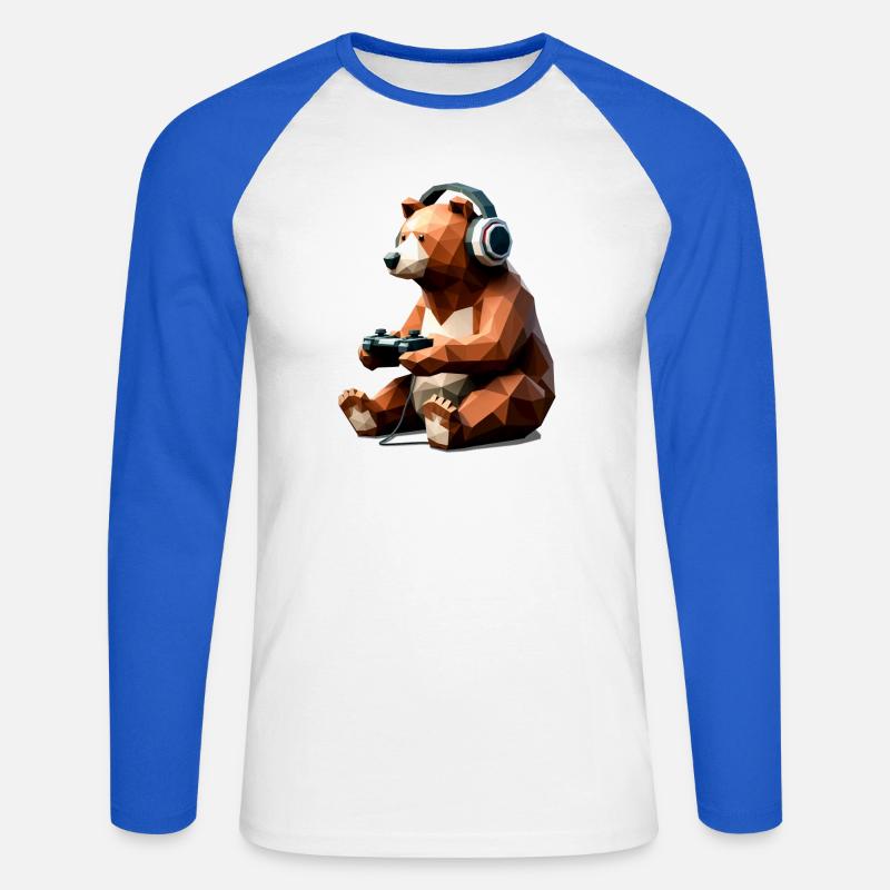Gaming Bär mit Headset & Controller - Unisex Baseballshirt langarm - Weiß/Royalblau