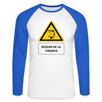 Hai der Finanzen - Unisex Baseballshirt langarm - Weiß/Royalblau - Vorne - Nik (191cm)