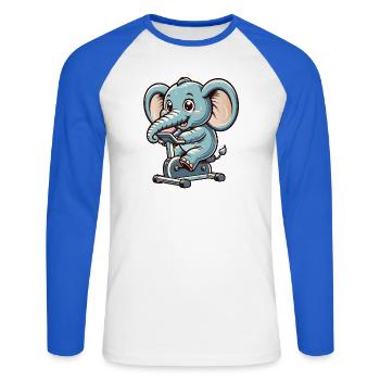 blauer Cartoon-Elefant auf einem Ergometer - Unisex Baseballshirt langarm - Weiß/Royalblau - Vorne - Nik (191cm)