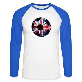 Fußball England - rot weiß blau - Union Jack  - Unisex Baseballshirt langarm - Weiß/Royalblau - Vorne - Nik (191cm)