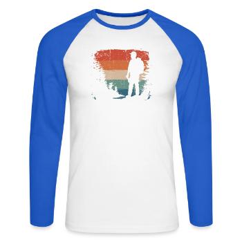 Hiker Silhouette Against Sunset Stripes - Unisex Long Sleeve Baseball T-Shirt - white/royal blue - Front - Nik (191cm)