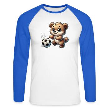 Cheerful bear playing with a soccer ball - Unisex Long Sleeve Baseball T-Shirt - white/royal blue - Front - Nik (191cm)