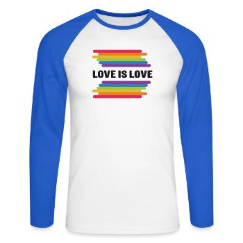 Mois de la fierté LGBT - Love is Love - T-shirt baseball manches longues Homme - blanc/bleu royal - Devant - Nik (191cm)