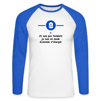 Power Saving Mode - Unisex Long Sleeve Baseball T-Shirt - white/royal blue - Front - Nik (191cm)