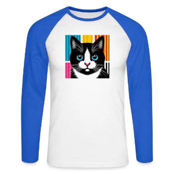Chat - T-shirt baseball manches longues Homme - blanc/bleu royal - Devant - Nik (191cm)