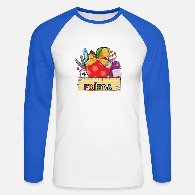 Personalisierte Schultasche mit Name Frieda - Unisex Baseballshirt langarm - Weiß/Royalblau