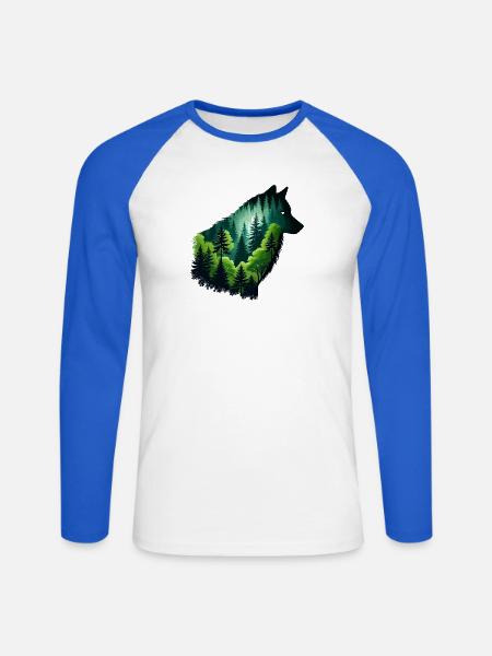 Silhouette Wolf mit grünem Wald - Unisex Baseballshirt langarm - Weiß/Royalblau