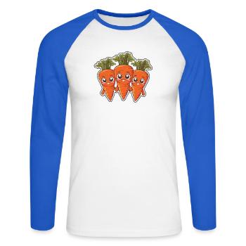 Karla, Kalle und Kim – Die Karottenfreunde - Unisex Baseballshirt langarm - Weiß/Royalblau - Vorne - Nik (191cm)