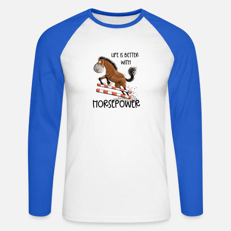 Witziges Springpferd Springreiten Tunier Pferd - Unisex Baseballshirt langarm - Weiß/Royalblau