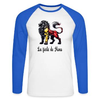 Motif du drapeau lion de Mons - T-shirt baseball manches longues Homme - blanc/bleu royal - Devant - Nik (191cm)
