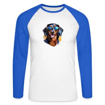 Dachshund with sunglasses - Unisex Long Sleeve Baseball T-Shirt - white/royal blue - Front - Nik (191cm)