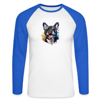 Frenchie avec lunettes de soleil - T-shirt baseball manches longues Homme - blanc/bleu royal - Devant - Nik (191cm)