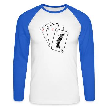 Grim Reaper Cards - Unisex Long Sleeve Baseball T-Shirt - white/royal blue - Front - Nik (191cm)