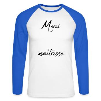 MERCI. MAÎTRESSE. MAÎTRE. MERCI MAÎTRESSE - T-shirt baseball manches longues Homme - blanc/bleu royal - Devant - Nik (191cm)