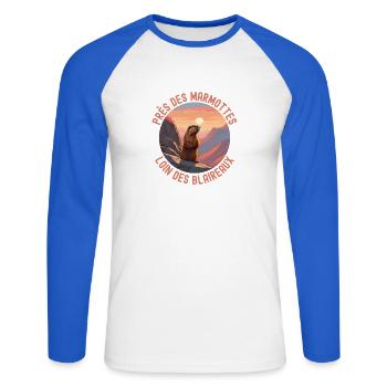 Marmotte coucher de soleil montagnes - T-shirt baseball manches longues Homme - blanc/bleu royal - Devant - Nik (191cm)