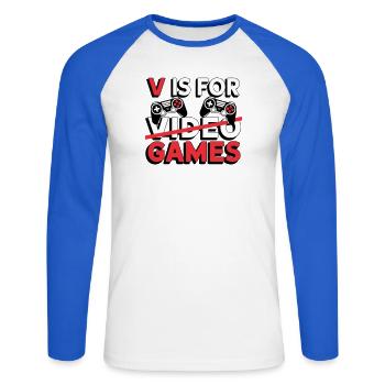 V comme Jeux Vidéo Amusants - T-shirt baseball manches longues Homme - blanc/bleu royal - Devant - Nik (191cm)