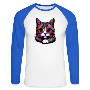 Chat - T-shirt baseball manches longues Homme - blanc/bleu royal - Devant - Nik (191cm)