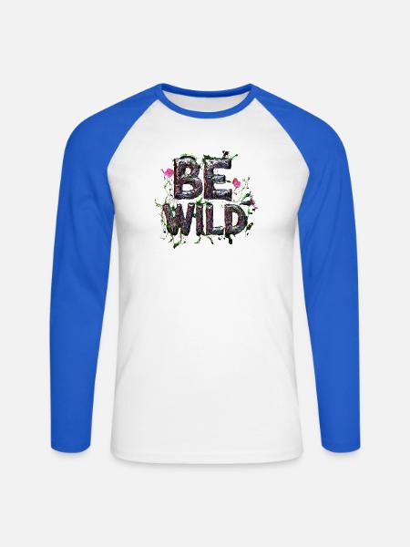 Stylischer Schriftzug "BE WILD" - Unisex Baseballshirt langarm - Weiß/Royalblau
